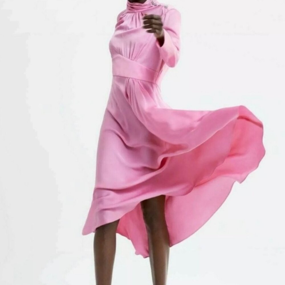Zara HTF Midi Asimmetrical Pink Satin Dress Sz S Bloggers Favorite
